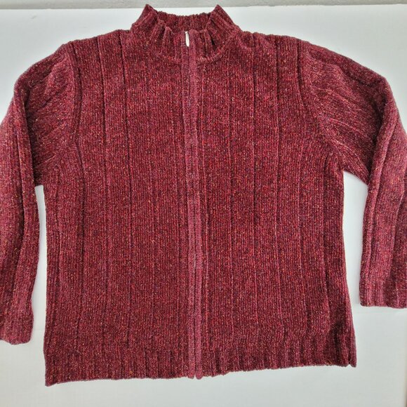 Vtg Studio Works Sweater Womens M Berry Solid Ribbed Soft Cardigan Knit Full Zip - Picture 12 of 12